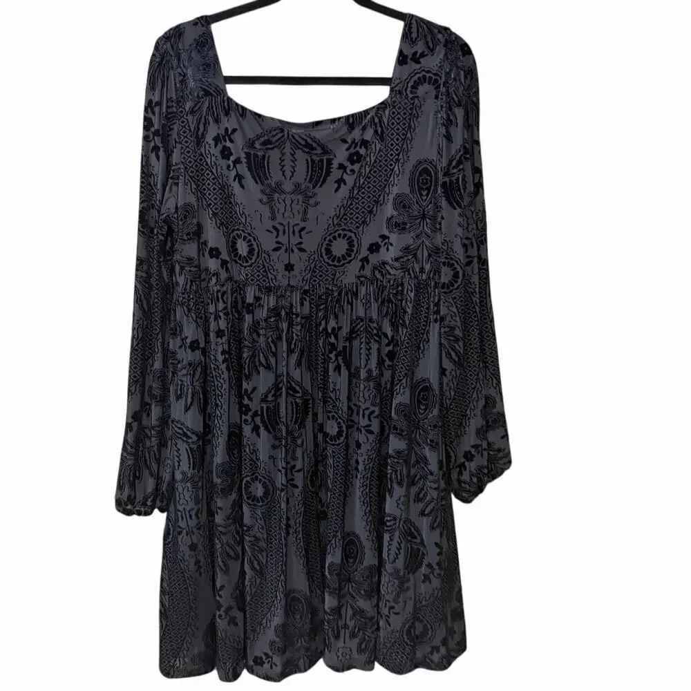 Easel Black Velvet Burnout Boho Babydoll Dress Long Sleeve NWT Large gothic dark - Picture 2 of 9
